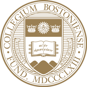 Gold and white Boston College seal featuring Latin text, two crowns, an open book, religious symbols, and the founding year MDCCCLXIII (1863) in a circular border.